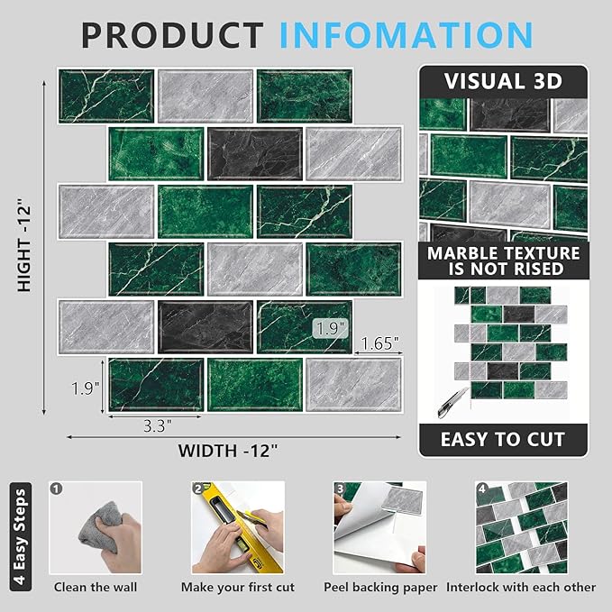 URCOLOR 10-Sheet Peel and Stick Backsplash Tile for Kitchen,12"x12" Self Adhesive Wall Tiles Stick on Back Splashes for Bathroom Green Marble Look