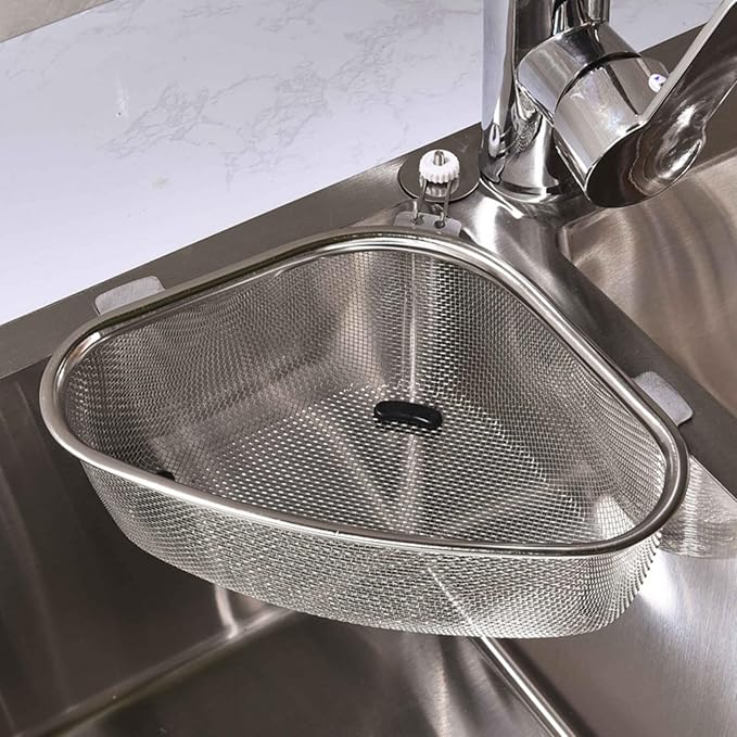 22cm Triangle Drain Baskets for Kitchen Sinks, Stainless Steel Colander for Food Scraps Sponges and Brushes, Stainless Steel Colander for Pasta, Spaghetti, Vegetables, Fruit and Pot Draining (Silver)