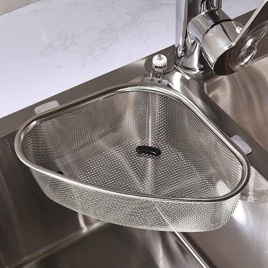 22cm Triangle Drain Baskets for Kitchen Sinks, Stainless Steel Colander for Food Scraps Sponges and Brushes, Stainless Steel Colander for Pasta, Spaghetti, Vegetables, Fruit and Pot Draining (Silver)