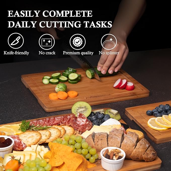 Empune Bamboo Cutting Board Set, Wood Cutting Boards for Kitchen with Holder Wooden Chopping Board for Meal Prep & Serving, Brown