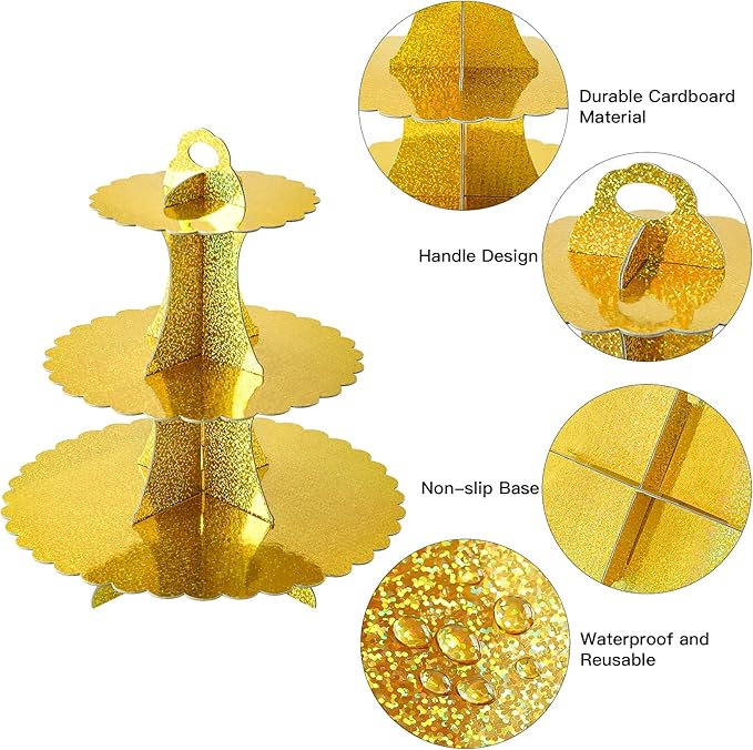 Soleebee 3-Tier Cupcake Stand, Cardboard Cupcake Tower, Dessert Cup Cake Stand Tower for Birthday Wedding Party Decoration, Cupcake Tier Stand 1 Set (Glitter Gold)