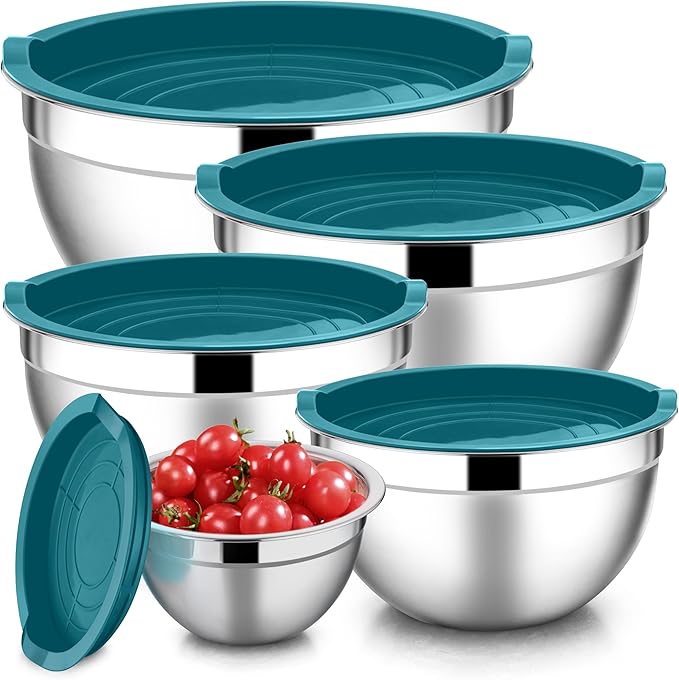 E-far Mixing Bowls with Teal Blue Lids Set of 5, Stainless Steel Mixing Bowls Metal Nesting Bowls with Airtight Covers for Cooking, Baking, Serving, Storage - Size 0.7/1/1.5/3/4.6QT - Dishwasher Safe