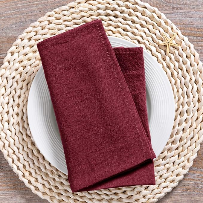 MLMC 4 Pack Burgundy Cloth Napkins Rustic Washable Cotton Linen Napkins Set of 4 17"x17" Reusable Wine Red Dinner Napkins Cloth for Wedding Bridal Baby Shower Table Decor