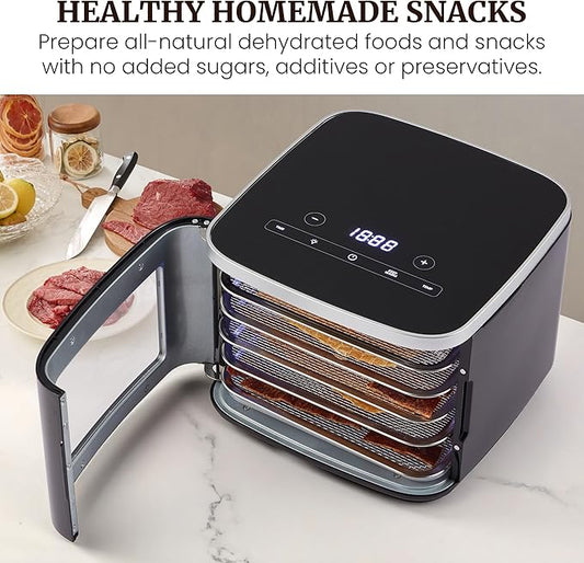 Elite Gourmet EFD809D Food Dehydrator with 5 Stainless Steel Trays, Adjustable Temp & Time + Keep Warm, Includes Interior Light, Fruit Roll Tray and Recipe Booklet, Black