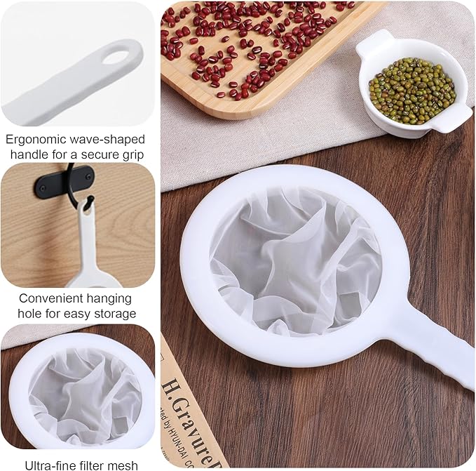 2 Pcs Fine Mesh Strainer, Nylon Strainer for Juice, Fine Mesh Sieve Meshes Strainers with Non-Slip Handle and Hanging Hole for Juicing Coffee Nut Milk Butter Milk and Yogurt (120 Mesh)