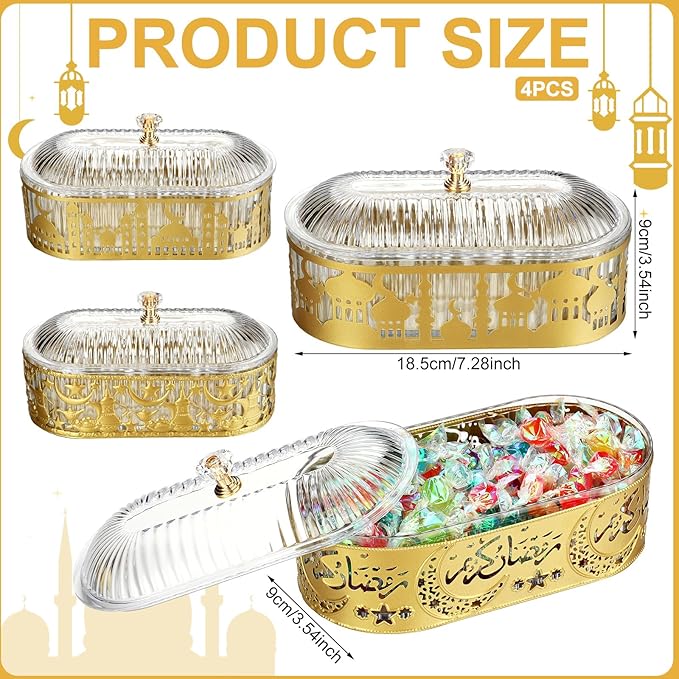 4 Pcs Ramadan Trays with Lid Eid Mubarak Gold Plates Dishes Table Decoration Muslim Islamic Serving Trays Metal Dessert Storage Container for Celebration (Ramadan Moon Star)