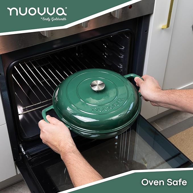 Shallow Cast Iron Casserole with Lid – Non Stick Dutch Oven Pot, Oven Safe up to 500° F – Sturdy Ovenproof Stockpot Cookware – Enamelled Cooking Pot – Dark Green, 5-Quart, 32cm – by Nuovva