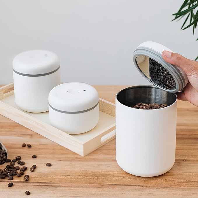 Fellow Atmos Vacuum Coffee Canister & Food Storage Container - 0.7 Liter Canister holds up to 11 oz of Coffee Beans - Airtight Food Storage Containers - Containers - 0.7 Liter - Matte White