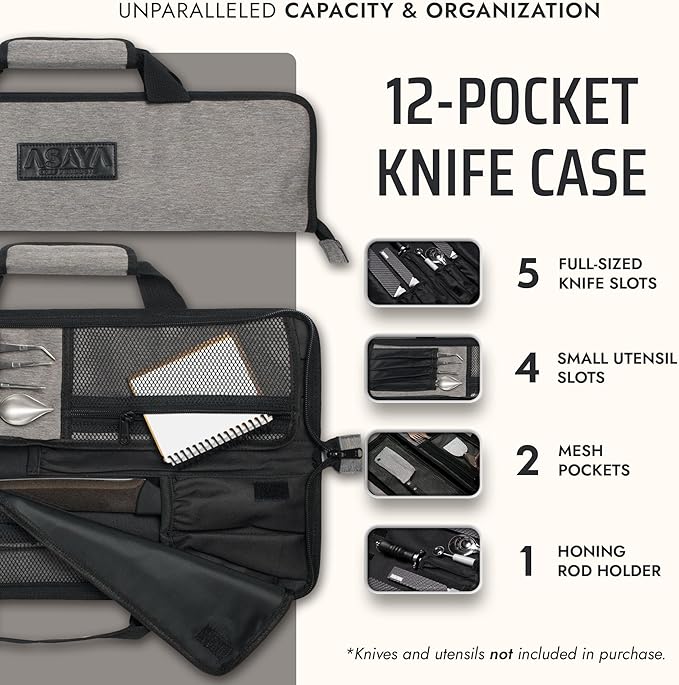 Asaya Chef Knife Roll Bag - 12 Pockets for Knives and Kitchen Utensils - Lightweight, Durable, and Stain Resistant Nylon - Perfect for the Traveling Chef - Knives not Included