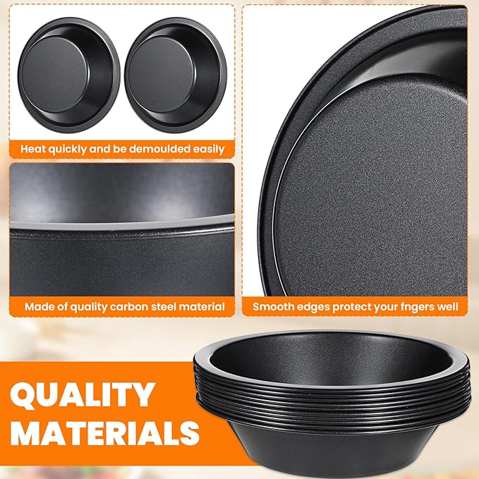 HOFURME 10 Pieces 4 Inch Small Pie Pan Mini Black Pot Pie Tins Round Tart Pans for Baking Carbon Steel Pizza Nonstick Plate Bakeware Set Oven Air Fryer Cake Bread Meat Dessert