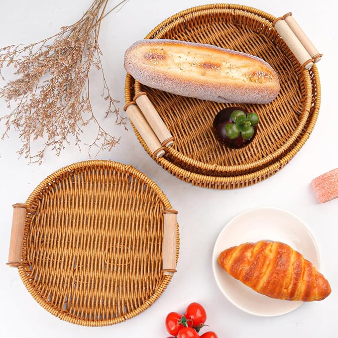 3 Pack 10.8/9.7/8.9 inch Round Rattan Tray, Round Woven Serving Basket with Handles, Storage Rattan Serving Trays for Home, Restaurant & Hotel Use, Durable & Easy-Cleaning