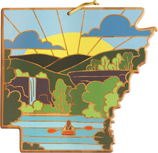 Totally Bamboo Arkansas State Shaped Cutting Board and Charcuterie Serving Platter with Artwork by Summer Stokes, Includes Hang Tie for Wall Display