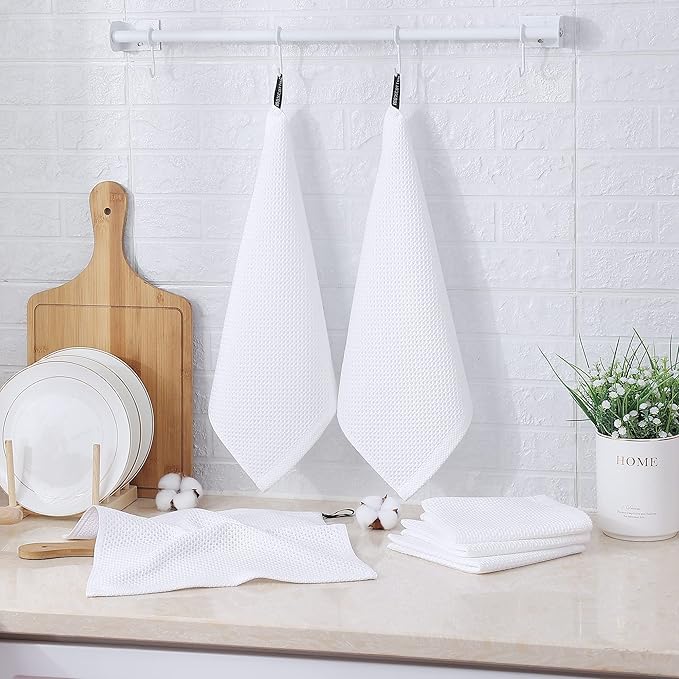 Kitinjoy 100% Cotton Kitchen Dish Cloths, 6 Pack Waffle Weave Dish Towels Ultra Soft Absorbent Quick Drying Dish Rags, 12 X 12 Inches, White