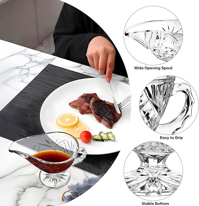2 Pack 11.8 oz Glass Gravy Boat with Handle, Clear Gravy Sauce Boat Crystal Gravy Bowl for Dining, Salad Dressings, Black Pepper, Broth, Thanksgiving