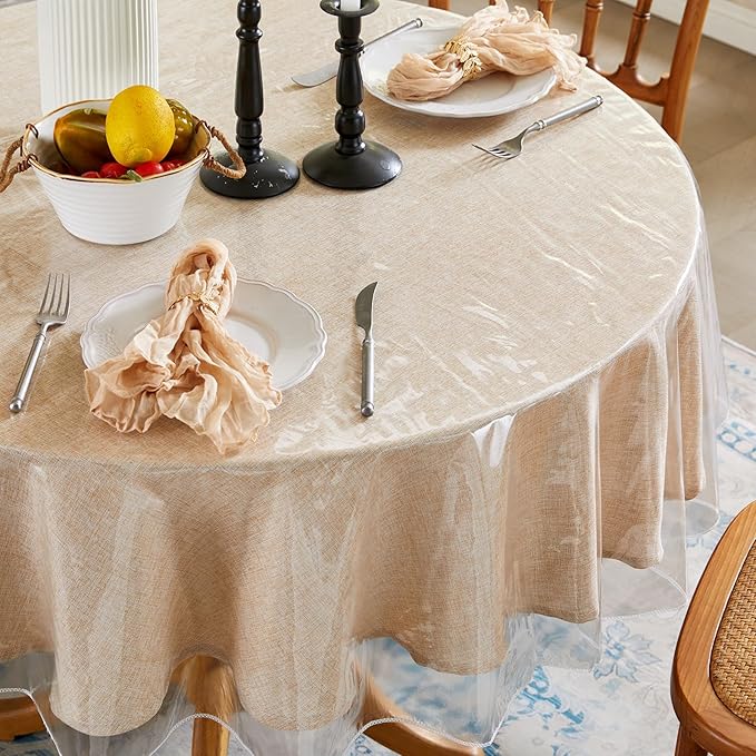 Clear Plastic Tablecloth Round Vinyl Transparent PVC Table Cloth 100% Waterproof Oil-Proof Stain Resistant Wipeable Table Protector Cover for Dinning Table, 70-Inch Round.