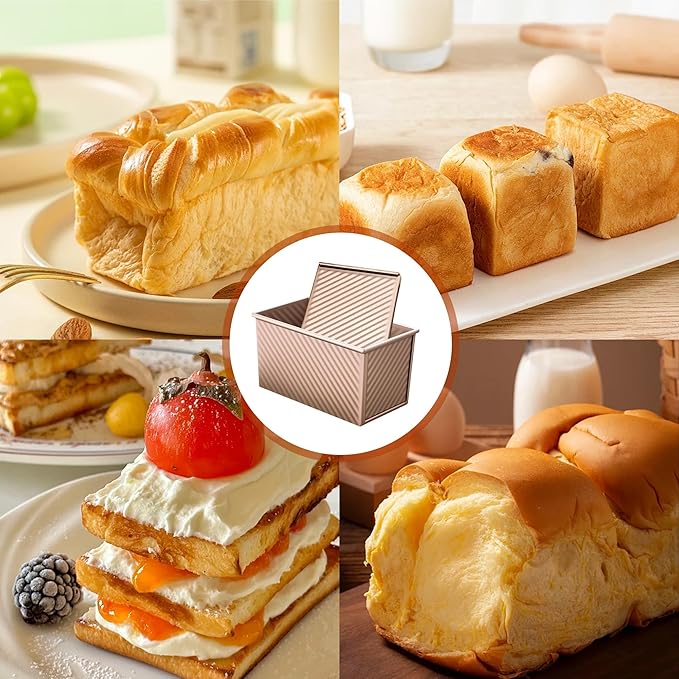 2 Pack Pullman Loaf Pan with Lid, 1 lb Dough Capacity Non-Stick Bakeware for Baking Bread, Carbon Steel Bread Toast Box with Cover, Homemade Sandwich Toast, Gold