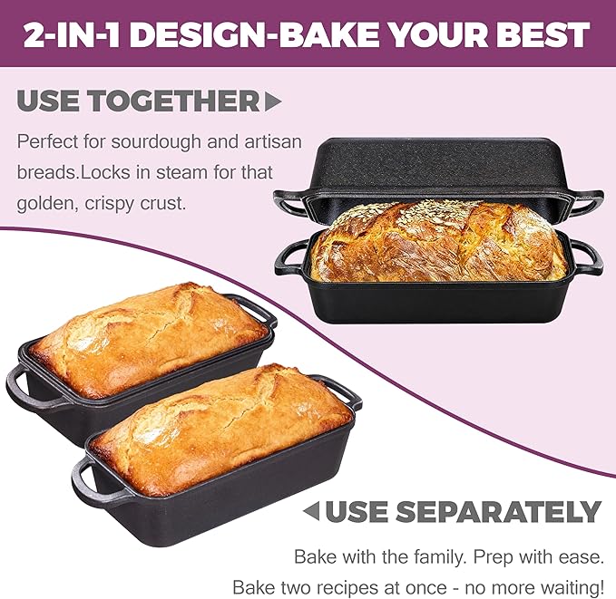 Vanderlume 11x5 Inch Cast Iron Loaf Pan with Lid, Large Dutch Oven Bread Loaf Pan for Sourdough, Homemade Bread Baking, Even Heat Distribution, 5.8Qt