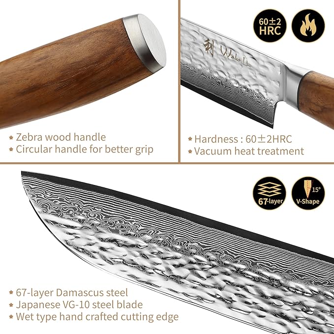 Wakoli Damascus Knife Block Set – 4-Piece Professional Kitchen Knives with Magnetic Block – Kitchen Knife Set made of 67-Layer Damascus Steel Blades & Ergonomic Zebrawood Handles