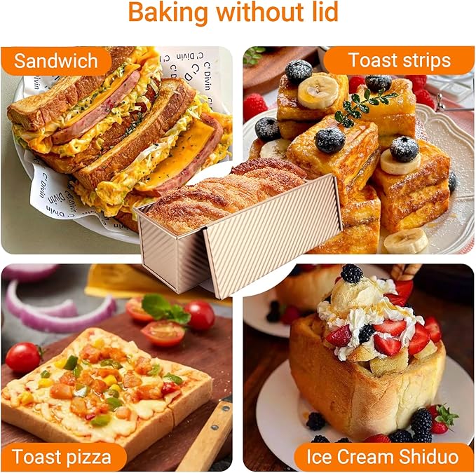 2.2 Lb Pullman Loaf Pan with Lid, 13x4 Nonstick Carbon Steel Bread Pan for Sandwich & Sourdough, Rectangular Corrugated Toast Box Mold for Oven Baking, Heavy Duty Easy Clean Bakeware (Gold)