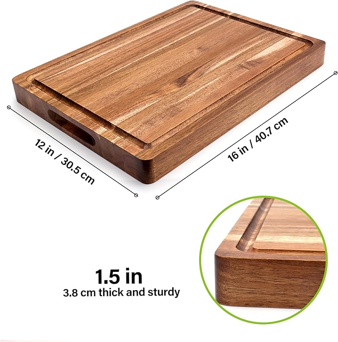 Acacia Wood Cutting Board for Kitchen, 1.5” Thick Chopping Board with Juice Groove, Sorting Compartment Charcuterie Board, 16x12x1.5 Inch Butcher Block