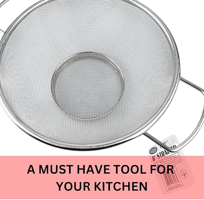 Fine Mesh Kitchen Strainer | Stainless Steel | 7" Top Diameter | 3" Height | Versatile Usage | Ergonomic Handles | Ideal for Straining, Draining, Steaming