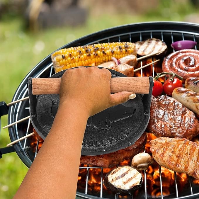 2 Pack Black Cast Iron Grill Press, 7 x7 Inch Round and 8 x 4 Inch Rectangle Heavy Weight Bacon Press with Wooden Handle, Steak Weights for Grill Burgers Bacon Bread