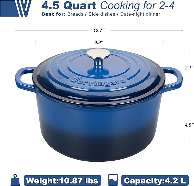 VORRINGARD Enameled Cast Iron Dutch Oven Pot with Lid, for Sourdough Bread Baking, Round Dutch Ovens, 4.5 Quart, Blue