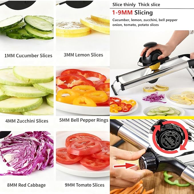 Adjustable Mandoline Food Slicer, Mandoline Slicer for Kitchen, Mandolin, Potato, Tomato, Carrot, Onion Cutter and Fruit - Stainless Steel - 6-Piece Fruit & Vegetable Cutting Set (Silver)