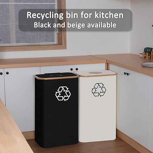29 Gallons Recycling Bins for Kitchen, Indoor Recycle Bins with Lid, 110L Large Recycle bin with 2 Removeable Reusable Inner Bags, for Bottles Cans Glass Plastice Cartons(Beige)