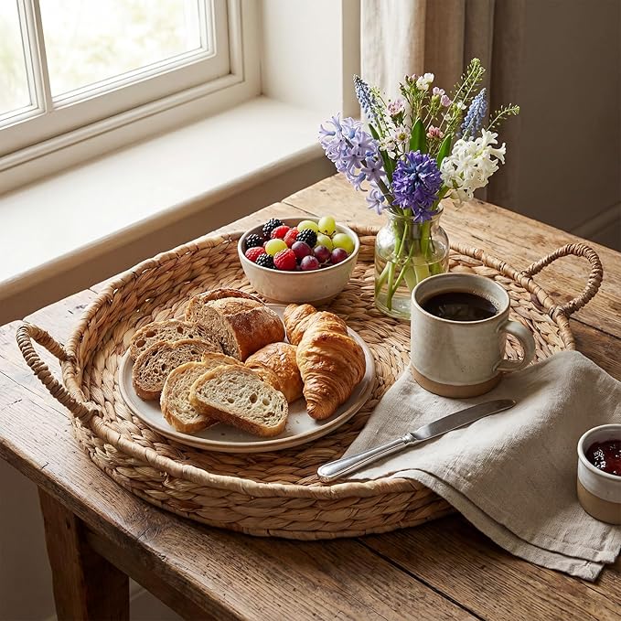 Round Woven Hyacinth Serving Tray with Handles Rattan Decorative Storage Basket for Fruit Arts Crafts Breakfast Coffee Table Dining, 1.97 x 21.65 Inches