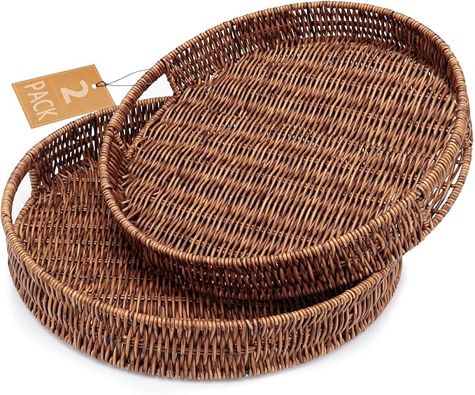 Coffee Table Tray 2 Pack Rattan Woven Basket Multifunctional Round Rattan Serving Tray with Handles, Decorative Trays for Home Decor, Kitchen Counter, Living Room