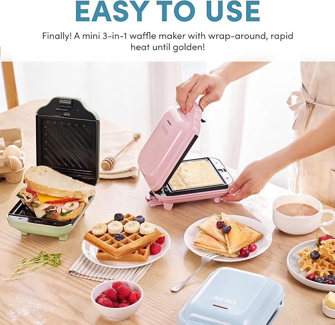 AROMA® 3-in-1 Panini Press, Sandwich Grill, and Waffle Maker with Removable Ceramic Coated Plates