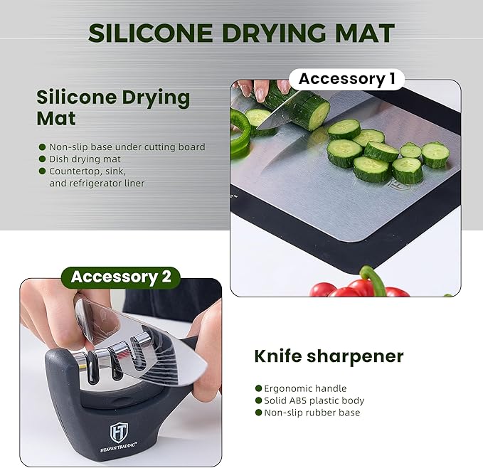 5 Pcs, Stainless Steel Cutting Board Set, with Sharpener & Silicone Mat - Non Toxic, Metal Cutting Boards for Kitchen, Luxury Gift for Home Chefs & Cooking Lovers - HEAVEN TRADING