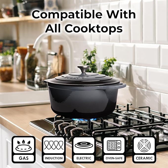 Zulay Kitchen 5 Quart Enameled Cast Iron Dutch Oven Pot with Lid – Premium Durability & Oven Safe up to 500°F – Heavy Duty Cookware Perfect for Bread Baking, Stews, Braising & Roasting – Gray