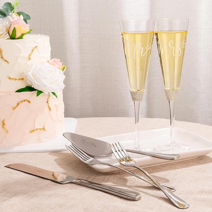 VARLKA Wedding Cake Knife and Server Set, Mr and Mrs Champagne Flutes and Cake Cutting Set for Bridal Shower Gifts Wedding Glasses for Bride and Groom
