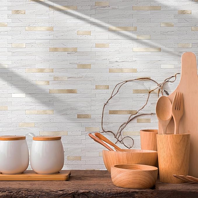 20 Sheets Peel and Stick Backsplash for Kitchen, Pearl White Sandstone with Metal Gold Look Stick on Tile Upgrade Your Kitchen Backsplash, RV, Fireplace