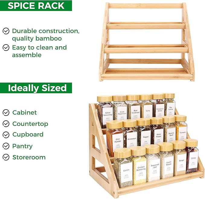 Spice Organizer, Bamboo 3 Tier Spice racks, Kitchen Seasoning Spices Rack, Suitable for Spice Organizers Such as Sitchen Countertops, Stoves, Sorage Rooms (S)