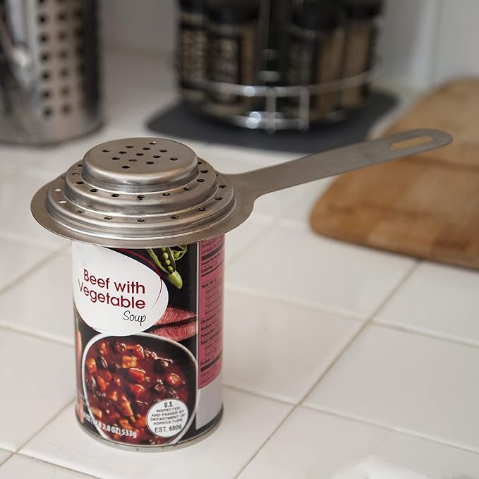 Universal Can Strainer | Food Grade Stainless Steel Can Colander with Handle | Canned Food Strainer| Tuna Press | Food Tin Strainer for Large & Small | Canning Colander