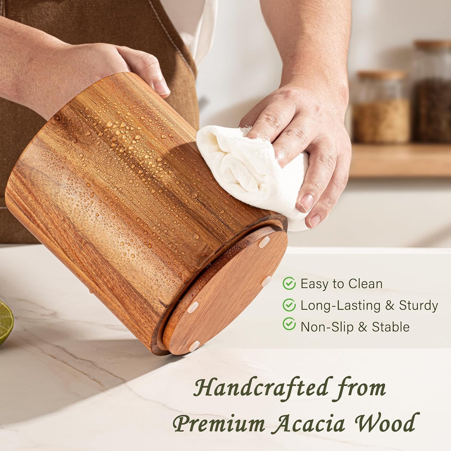 Criusia Utensil Holder 3 Pack, 360° Rotating Acacia Wood Cooking Utensil Crocks for Kitchen Counter, Farmhouse & Modern Decor, (1 Large, 1Medium, 1 Small)