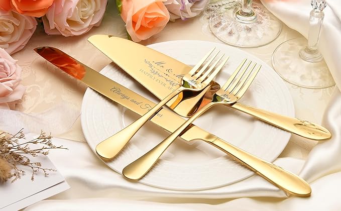 Wedding Cake Knife and Server Set with Forks, Classical Style Crystal Champagne Flutes Toasting Glasses for Bride and Groom, Wedding Gifts for Couples, Engagement and Bridal Shower Gifts