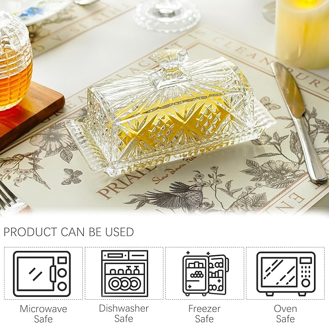 Crystal Covered Butter Dish,8inch Classic Glass 2-Piece Design Butter Keeper with Lid | Butter Holder | Dishwasher Safe