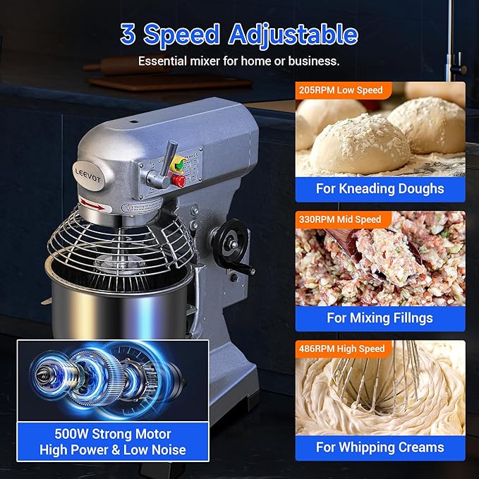 EKway Commercial Food Mixer 10Qt,500W Commercial mixer 3-Speed Adjustable with Timing Function, Industrial Dough Mixer with Stainless Steel Bowl for Bakery Pizzeria (Upgrade)