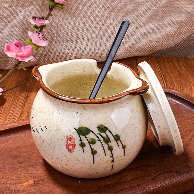 Japanese Willow Pattern Ceramic Sugar Jar & Spice Container with Lid & Stainless Steel Spoon Set – Kitchen Storage, Elegant Sakura Design,Gift