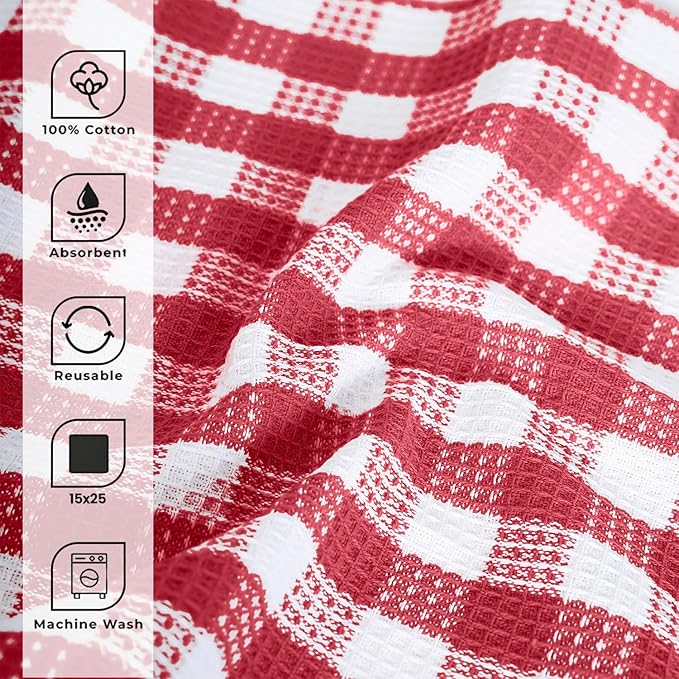 Blue Needles Waffle Weave Check Plaid Kitchen Towels, 15x25 Inches 100% Cotton Set of 4 Dish Towels for Kitchen, Soft & Absorbent for Quick Drying with Hanging Loop Spring Summer - Burgundy & White