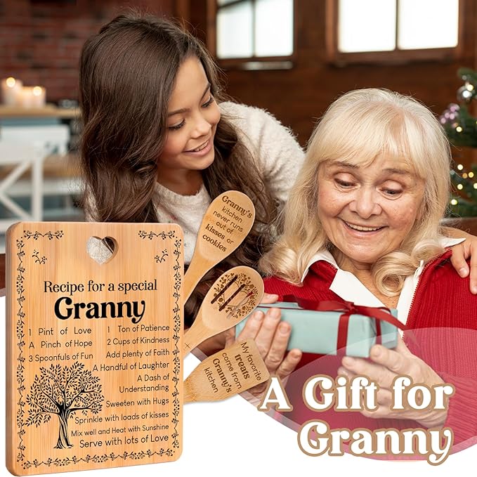 Granny Gifts - "Recipe for a Special Granny" Gifts for Granny Cutting Board Set, Bamboo-Made Engraved Utensil Set Granny Birthday Gifts, Presents for Grandma Nana Nanny from Grandchildren