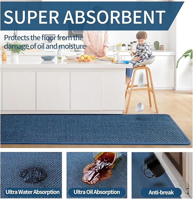 Kitchen Mats for Floor, Super Absorbent Kitchen Rugs Non Slip Washable, Soft Imitation Linen Braided Runner Rug, Standing Mat Kitchen Sink Mat, Easy to Clean, Blue 17x71