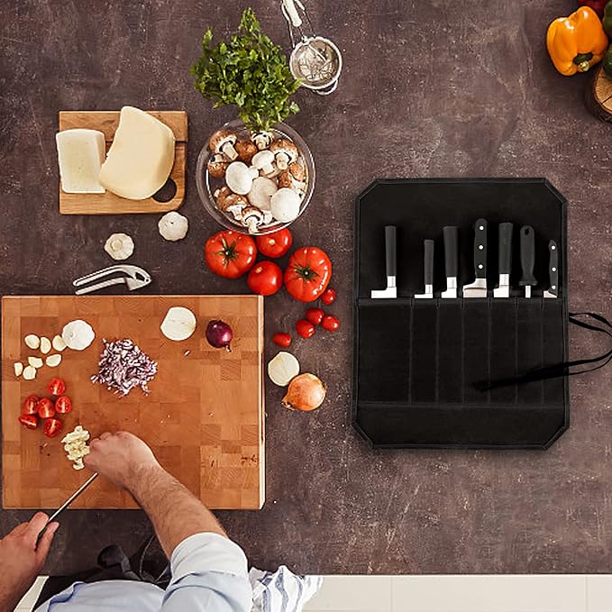 HERSENT Chef’s Knife Roll Case, Waxed Canvas Cutlery Knives Holders Protectors, Home Kitchen Cooking Tools And Utensils Wrap Bag Wallet, Multi-Purpose Brush Roll Bag, Travel Tool Roll Pouch