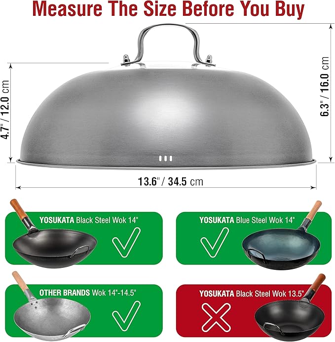 YOSUKATA Blue Round Bottom Wok Pan – 14" Woks and Stir Fry Pans + Wok Lid 13.6 Inch - Premium Stainless Griddle Dome with Tempered Glass Insert Steam Holes