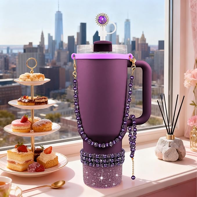 9PCS Dark Purple of Stanley Cup Accessories 30/40 OZ Bling Pearl Rhinestones Charms for Stanley Decorations Tumbler Accessories Including Flower Straw Topper, Rhinestones Boot 30/40 OZ