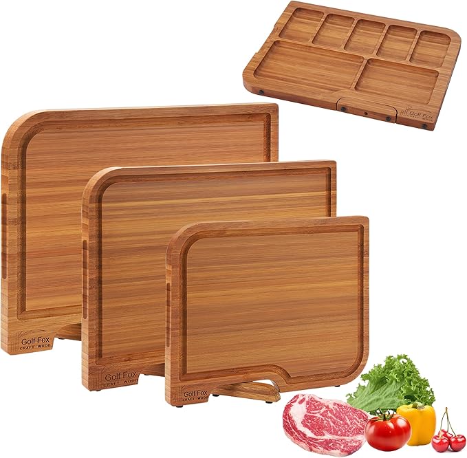 3-PCS Wood Cutting Board Set with Innovative Stand - Durable Double Sided Bamboo Cutting Board with Juice Groove & Handle for Meal Prep, Meat Charcuterie Serving, Eco-Friendly Healthy Kitchen Gift